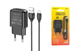 Сетевой адаптер BOROFONE BA64A,  (USB 2.1A) с кабелем Micro, черный