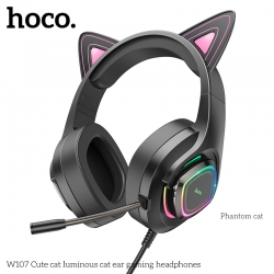 Проводные внешние наушники HOCO W107 Cute cat luminous cat ear gaming headphones, призрачный кот