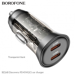 Автомобильный адаптер BOROFONE BZ26B Discovery PD45W (2C) car charger, прозрачный черный Автомобильный адаптер BOROFONE BZ26B Discovery PD45W (2C) car charger, прозрачный черный