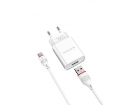 Сетевой адаптер BOROFONE BA20A (1 USB, 2.1A) с кабелем Type-C, белый Сетевой адаптер BOROFONE BA20A (1 USB, 2.1A) с кабелем Type-C, белый