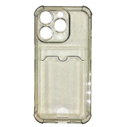 Чехол силиконовый с визитницей iPhone 15 Pro, прозрачный черный, с блестками