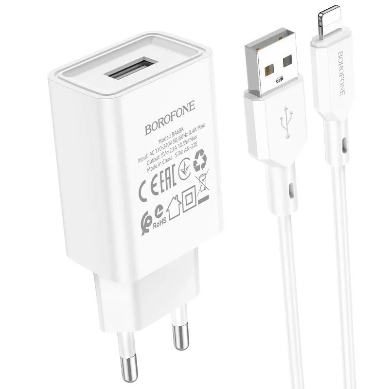 Сетевой адаптер BOROFONE BA68A Glacierl port charger (USB 2.1A) с кабелем Lightning, белый
