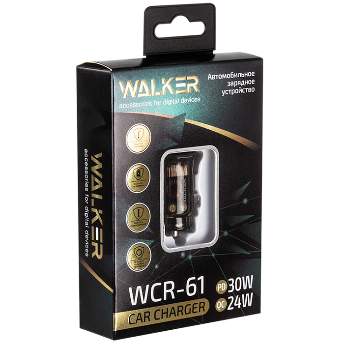 Автомобильный адаптер WALKER WCR-61 30W, USB-C/USB QC3.0, черный