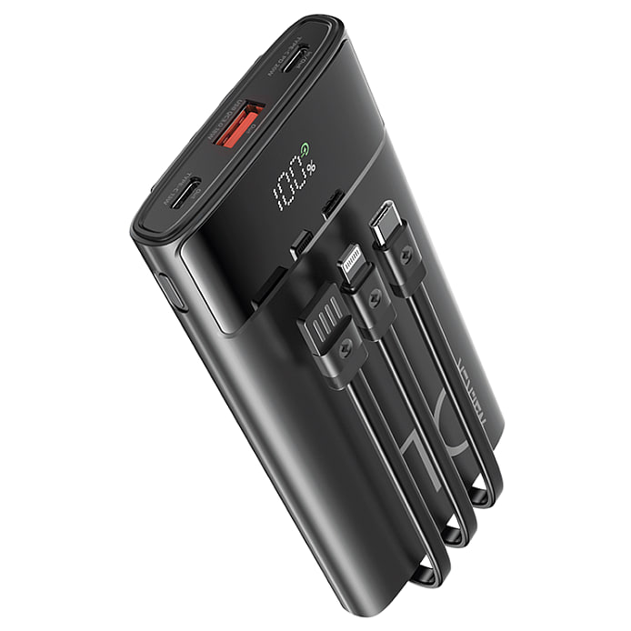 Внешний аккумулятор Power Bank 10000 mAh WALKER WB-615, 22,5W c 3 встроенными кабелями, черный