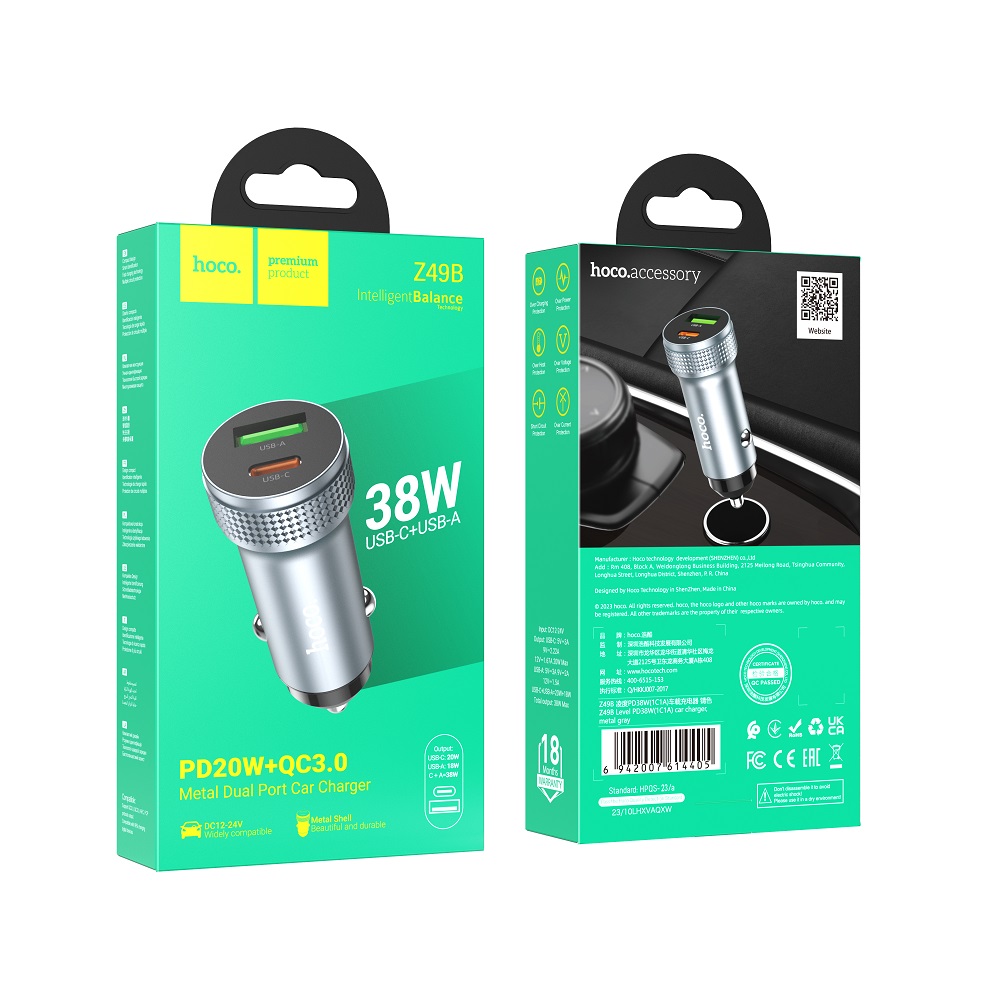 Автомобильный адаптер HOCO Z49B Level PD38W (1C1A) car charger, серый