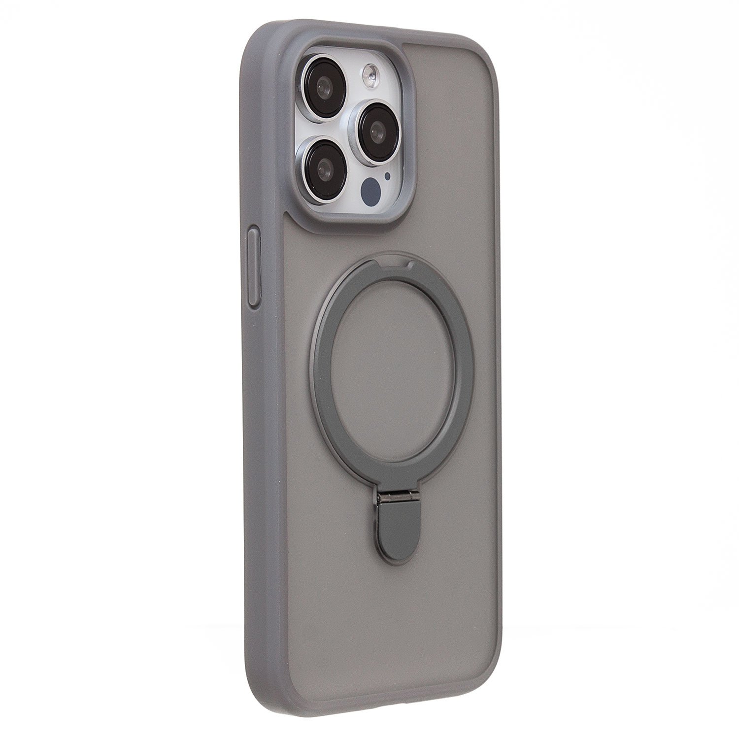 Чехол силиконовый MagSafe iPhone 15 Pro Max, с кольцом подставкой, серый