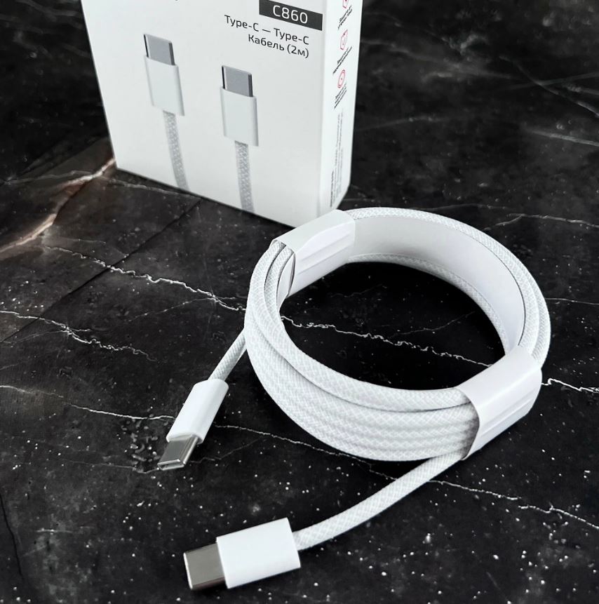 USB кабель Type-C-Type-C WALKER C860, 65W, PD, нейлон (200см), белый