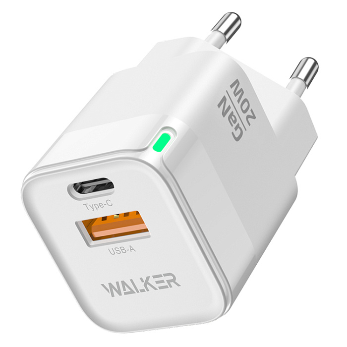 Сетевой адаптер WALKER WH-42 GaN, 3A, 20W, USB+USB-C, QC 3.0 + PD, белый