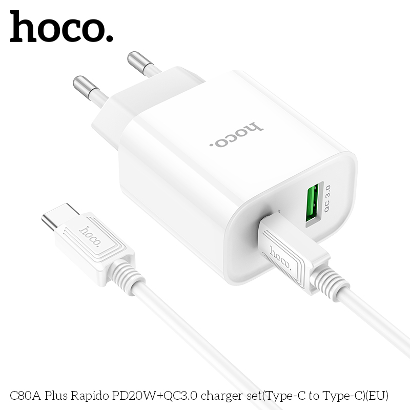 Сетевой адаптер HOCO C80A Plus PD20W + QC3.0 с кабелем Type-C to Type-C, белый