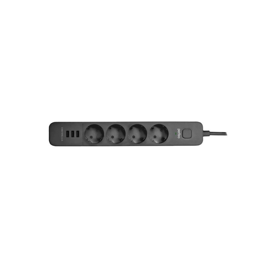 Сетевой фильтр Perfeo Power Stream 4 розетки+3 USB / 2500W, кабель 2м, черный