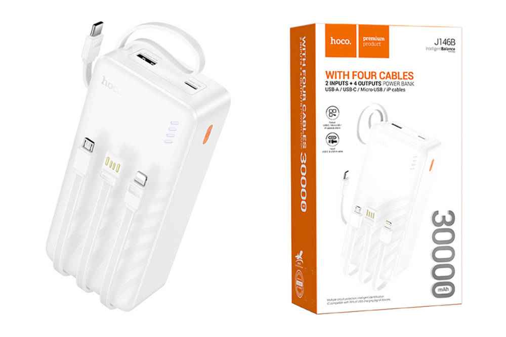 Внешний аккумулятор Power Bank 30000 mAh HOCO J146B, с встроенными кабелями, белый