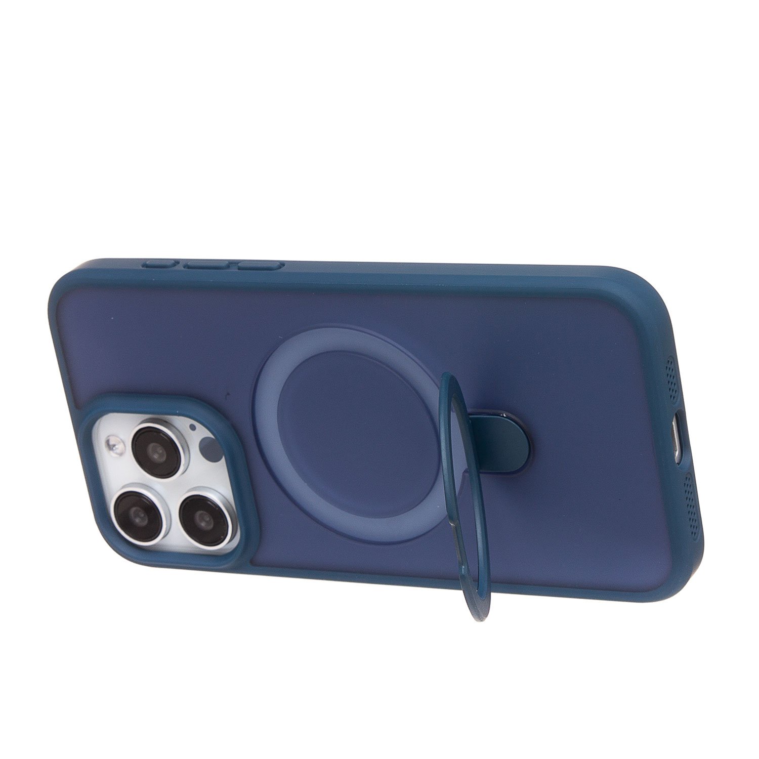 Чехол силиконовый MagSafe iPhone 15 Pro Max, с кольцом подставкой, темно-синий