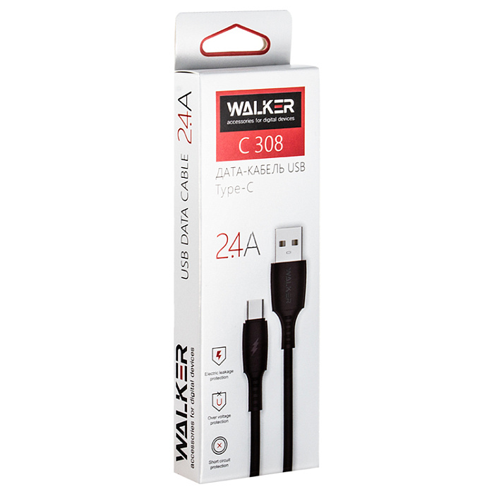 USB кабель Type-c WALKER C308, 2.4А,  QC, (100см), черный