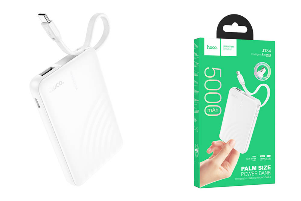 Внешний аккумулятор Power Bank 5000 mAh HOCO J134 Strong, с кабелем USB-C, белый