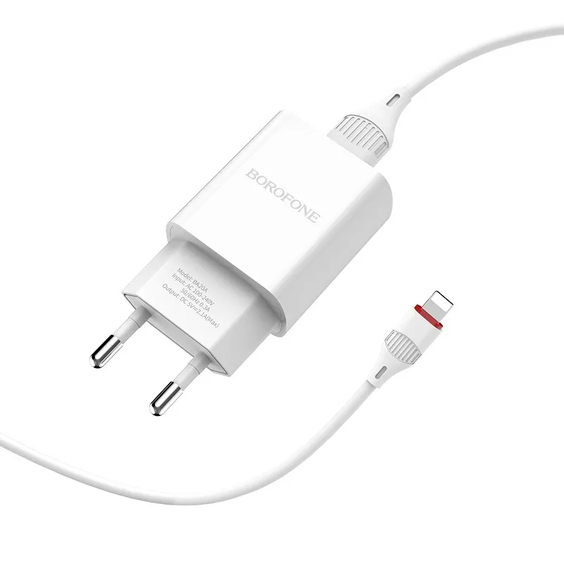 Сетевой адаптер BOROFONE BA20A (1 USB, 2.1A) с кабелем Lightning, белый.