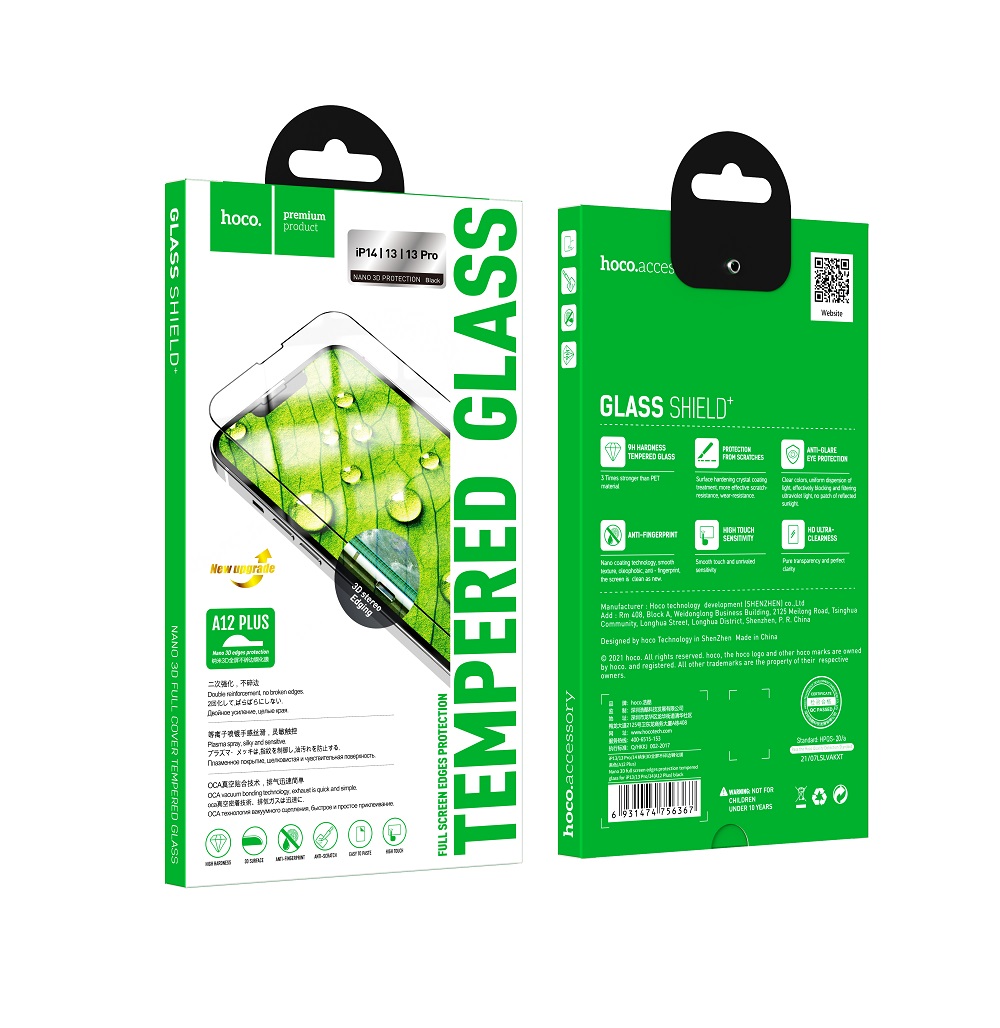 Защитное стекло iPhone 13/ 13 Pro/ 14 HOCO A12 Plus, черное