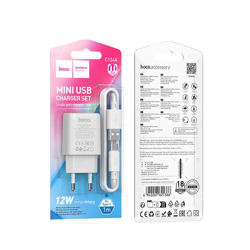 Сетевой адаптер HOCO C134A Solid single port charger 2.4A с кабелем Type-C, белый