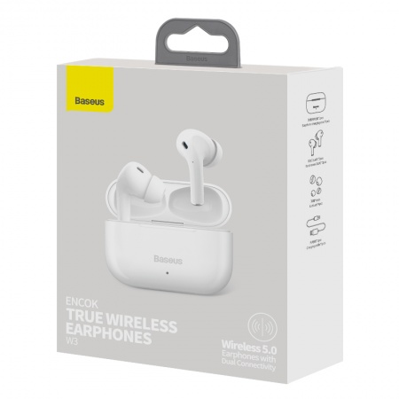 Беспроводные наушники BASEUS Encok True Wireless Earphones W3 Bluetooth (37 mAh), белые