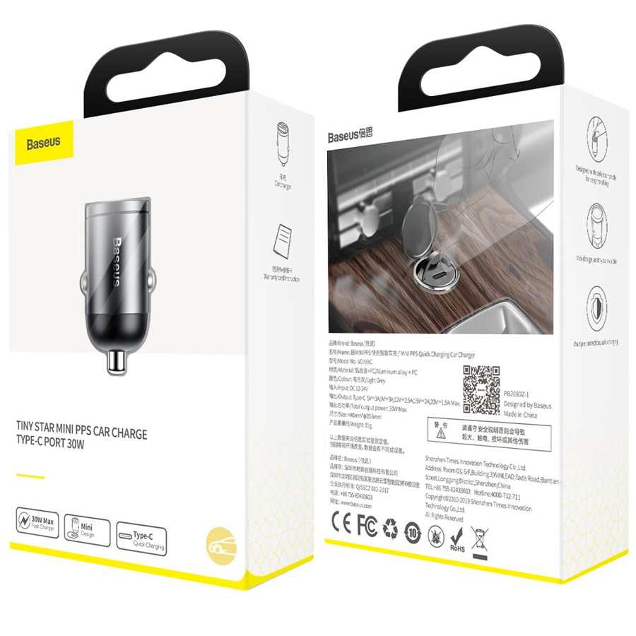 Автомобильный адаптер BASEUS Tiny Star Mini (USB-C, 5A, 30W), серый