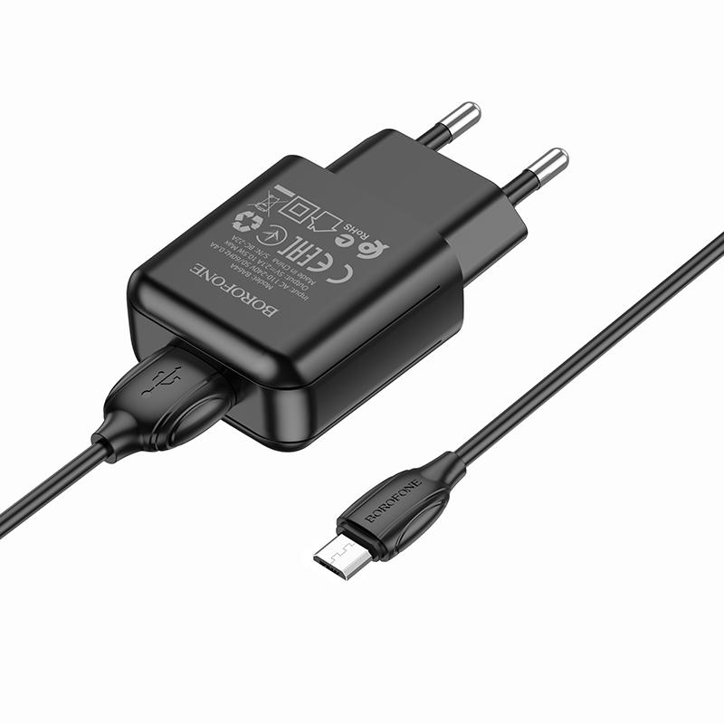 Сетевой адаптер BOROFONE BA64A,  (USB 2.1A) с кабелем Micro, черный
