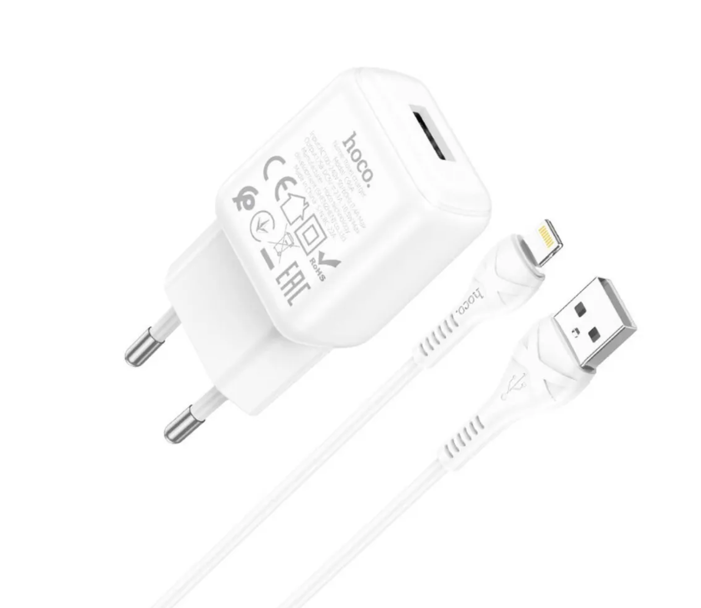 Сетевой адаптер HOCO C96A (2.1A) single port charger set с кабелем Ligtning, белый