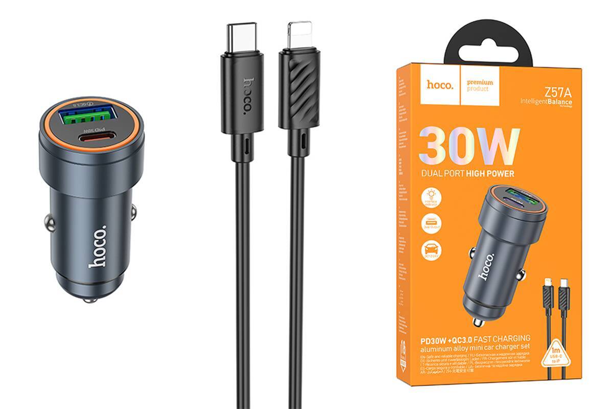 Автомобильный адаптер HOCO Z57a PD30W+QC3.0 USB + Type-C с кабелем Lightning, серый