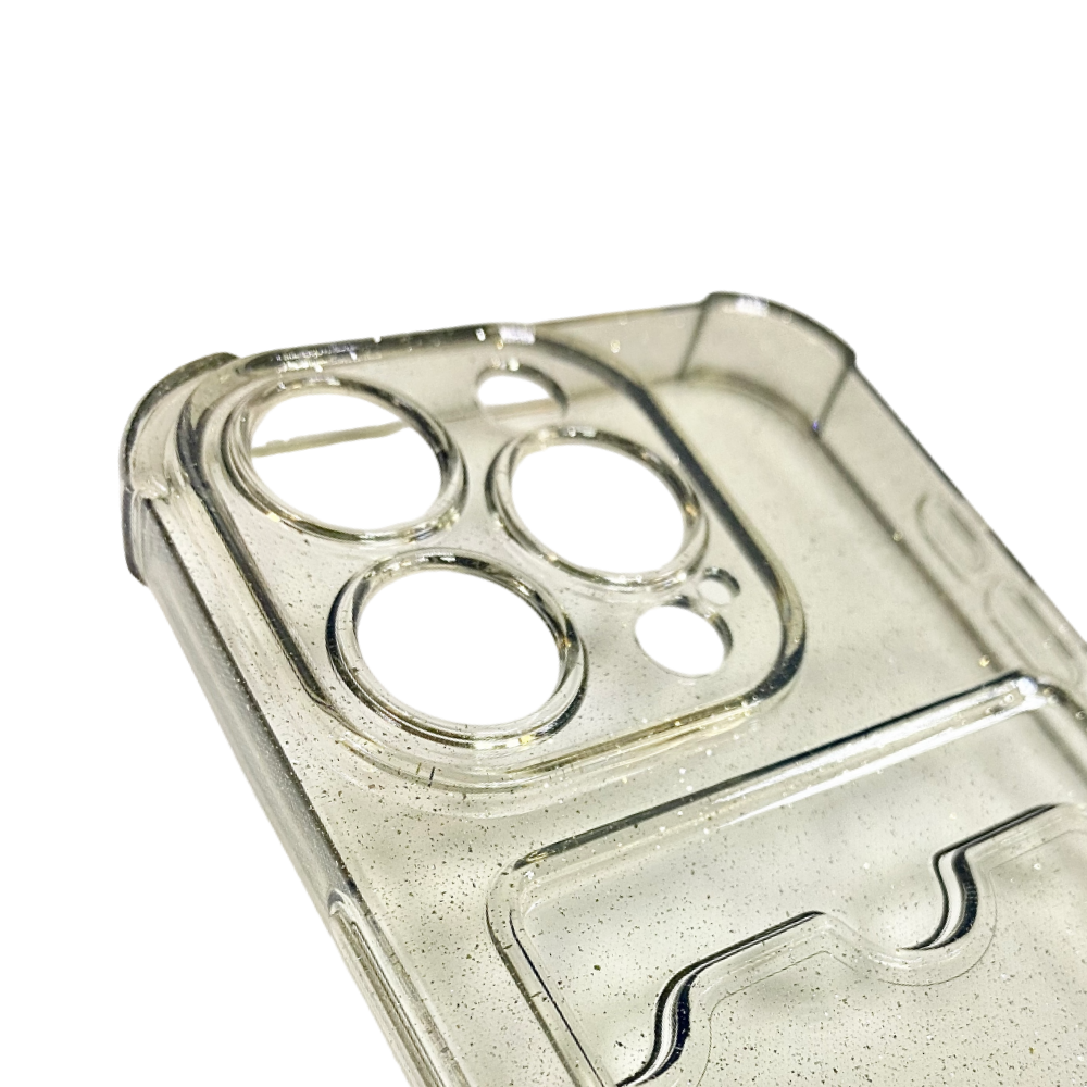 Чехол силиконовый с визитницей iPhone 15 Pro, прозрачный черный, с блестками