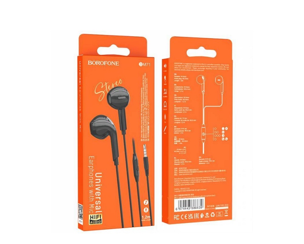 Наушники проводные BOROFONE BM71 universal earphones 3.5mm, черные