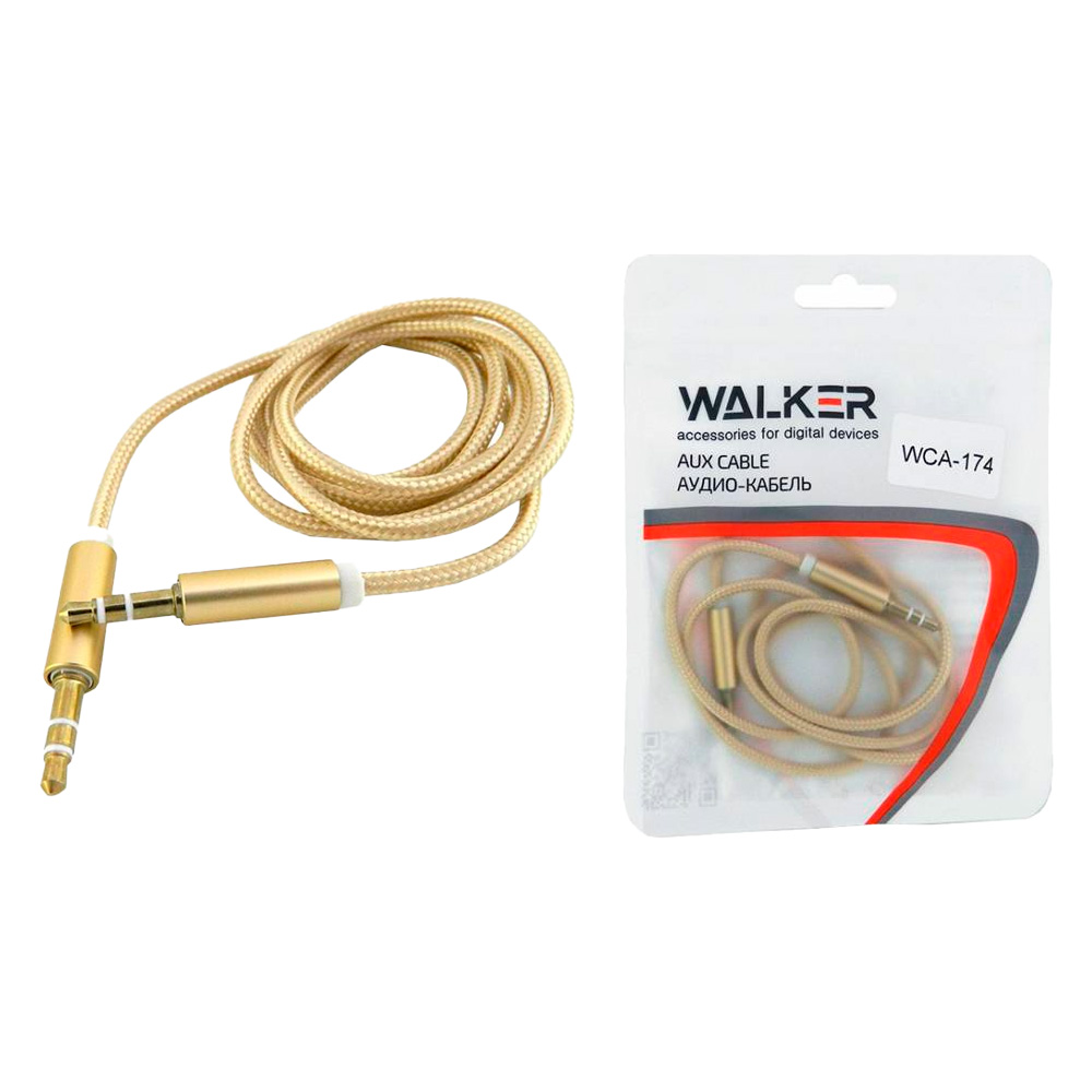 Кабель аудио AUX 3,5 WALKER A-A WCA-174 в тканевой обмотке (100см), золотой