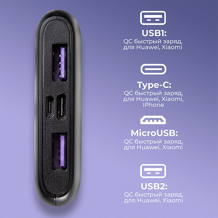 Внешний аккумулятор Power Bank 10000 mAh WALKER WB-910, черный