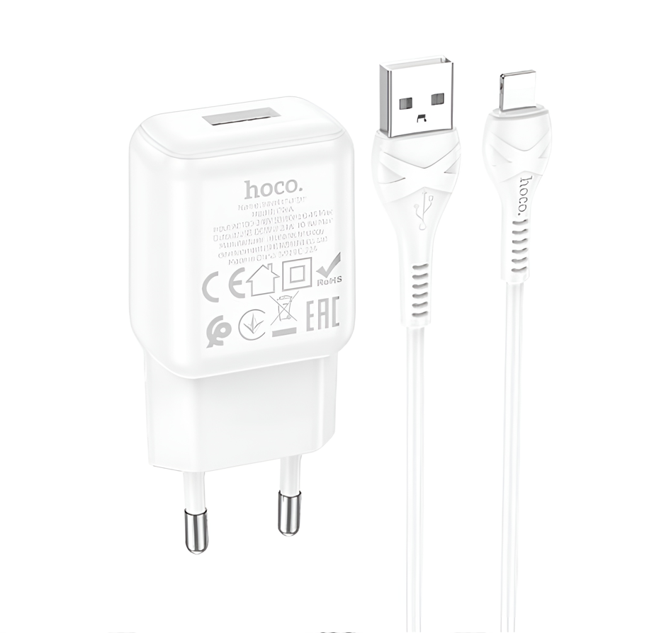 Сетевой адаптер HOCO C96A (2.1A) single port charger set с кабелем Ligtning, белый
