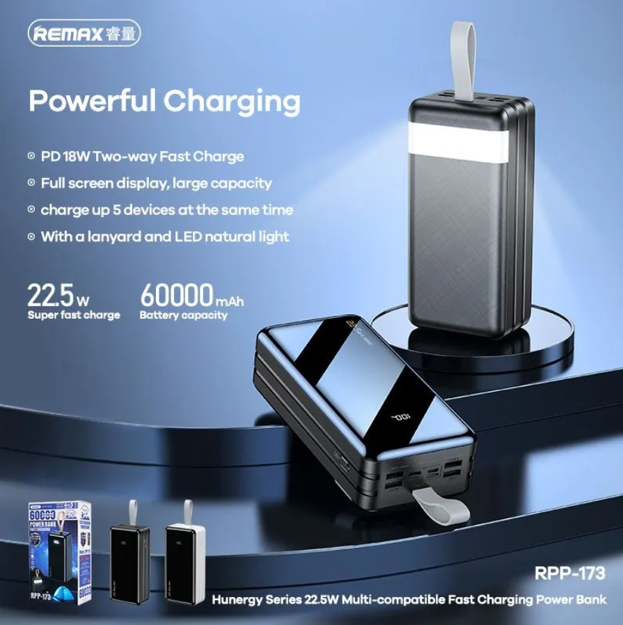 Внешний аккумулятор Power Bank 60000 mAh Remax RPP-173 22.5W, черный