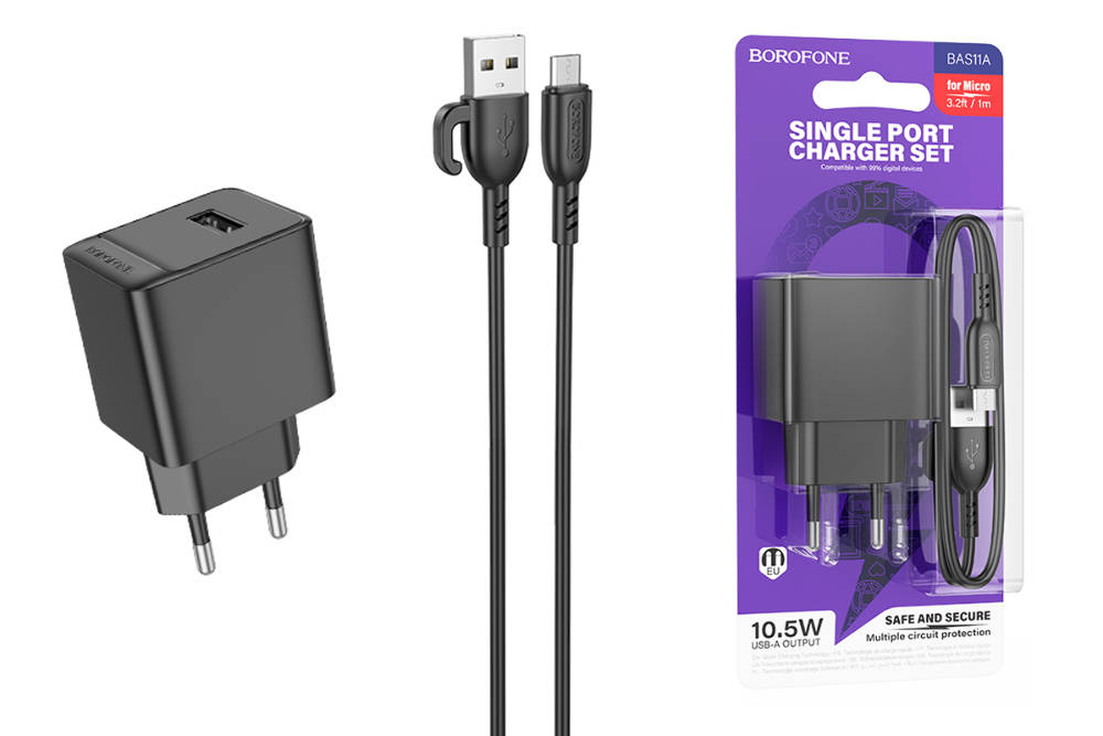 Сетевой адаптер BOROFONE BAS11A Erudite (1 USB, 2.1A) с кабелем Micro, черный