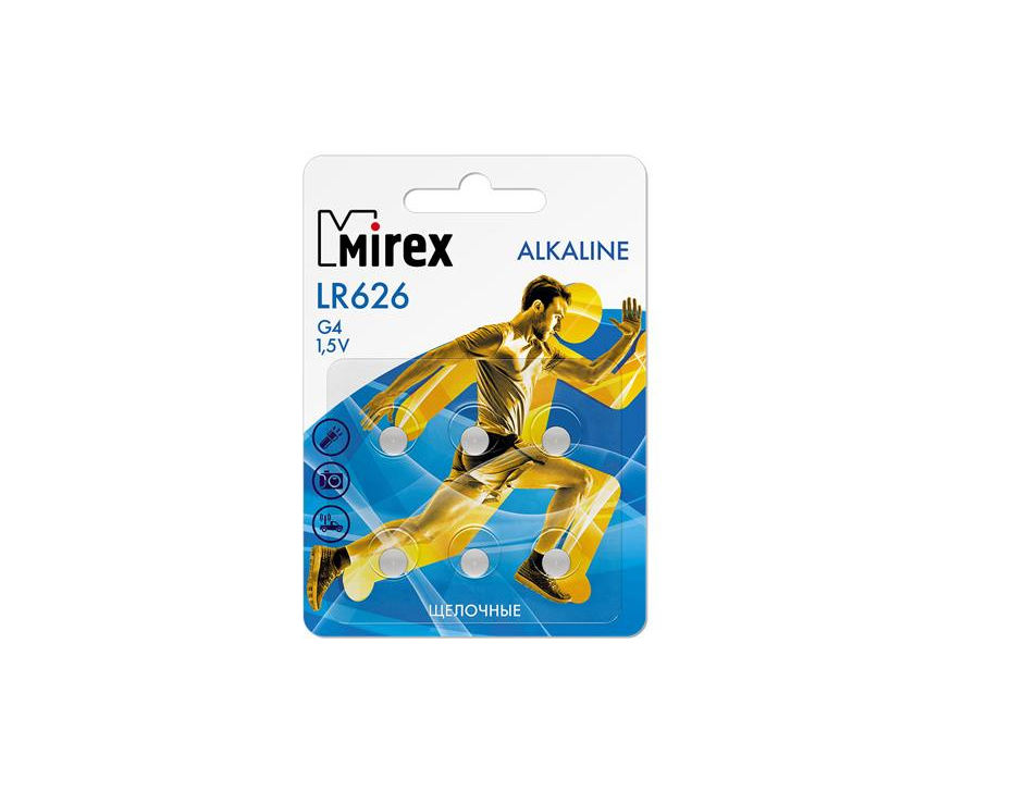 Батарейка для часов Mirex AG4/LR626 (1.5v, алкалиновая) цена за упаковку 6 шт.