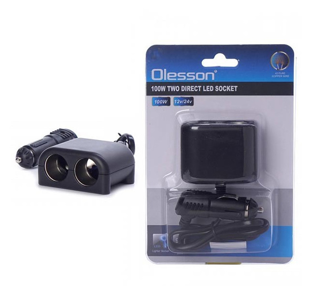 Разветвитель розетки автоприкуривателя OLESSON 1644 (2 гнезда, 100W) на проводе, черный