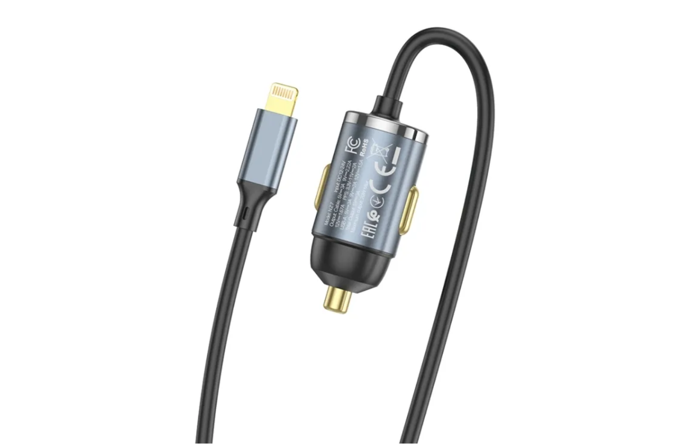 Автомобильный адаптер HOCO NZ7 PD20W + QC3.0 с кабелем Lightning, серый