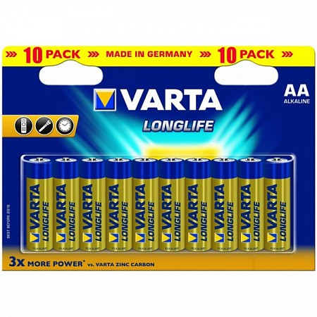 Батарейка Varta LR6/10BL LONGLIFE 4106 AA/пальчиковая (1.5v, алкалиновая) упаковка 10 шт