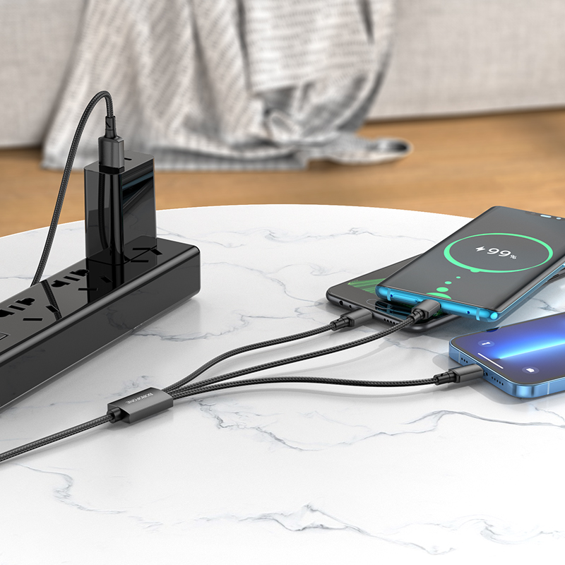 USB кабель BOROFONE BX72 3в1 MicroUSB+Lightning+Type-C, 2А, тканевая оплетка, 1м, черный