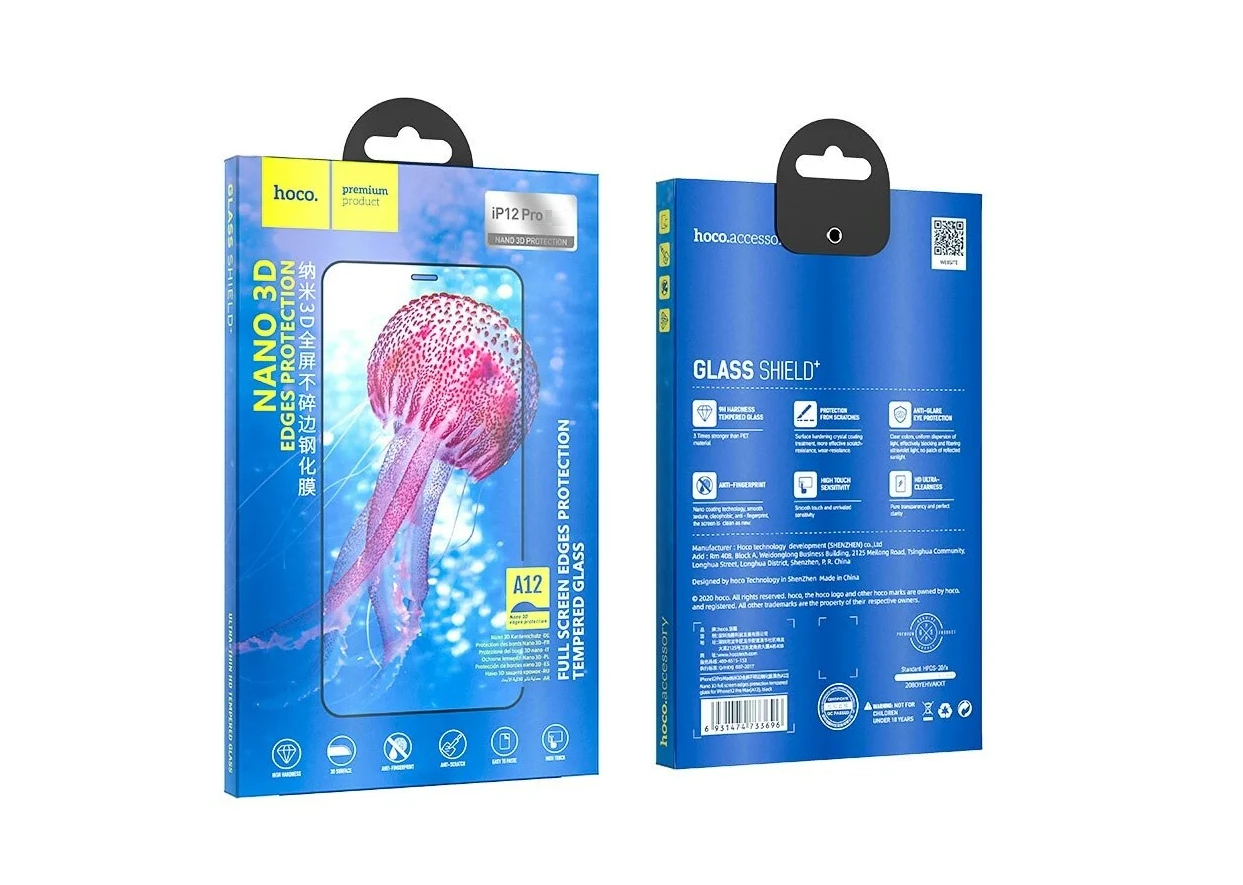 Защитное стекло iPhone 12/ 12 Pro HOCO A12 Plus, черное