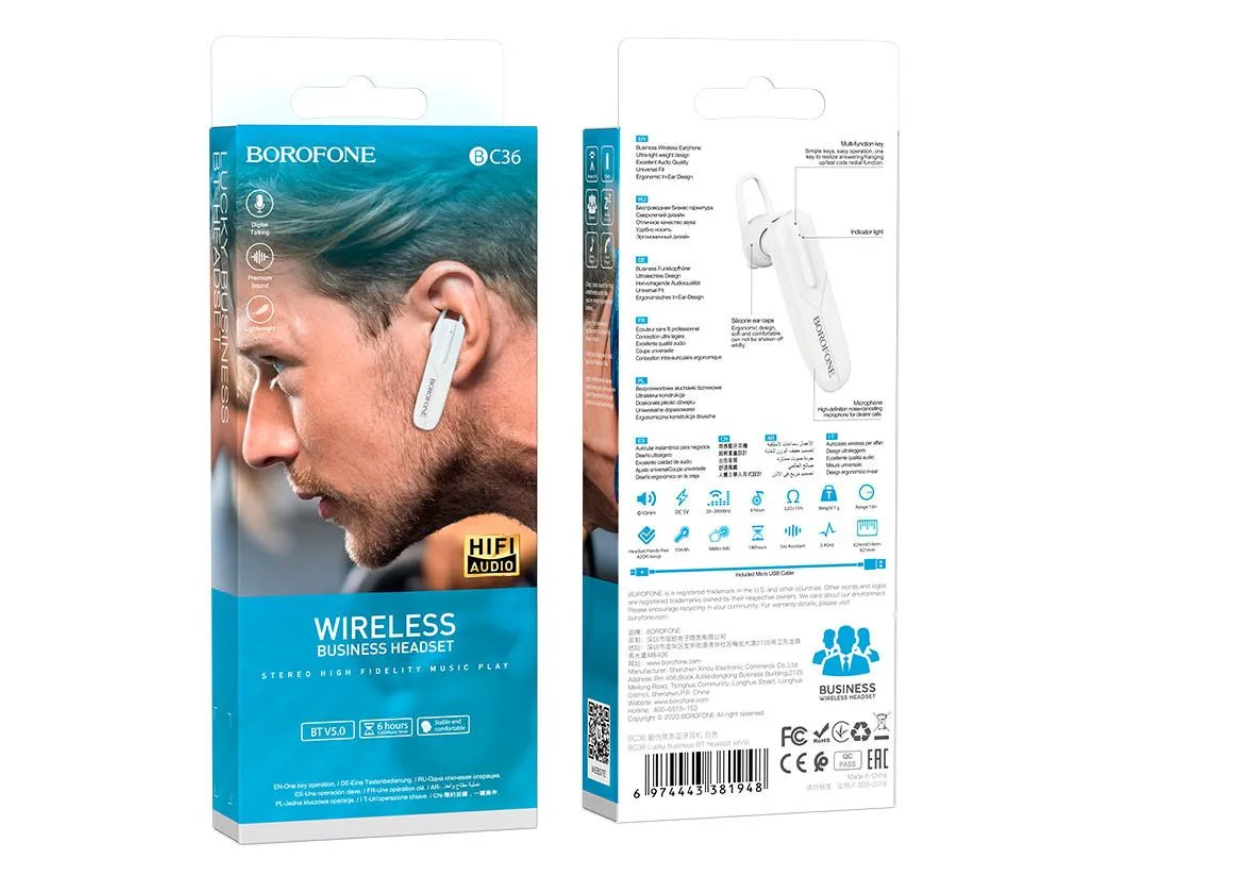 Bluetooth гарнитура BOROFONE BC36 Lucky BT белая