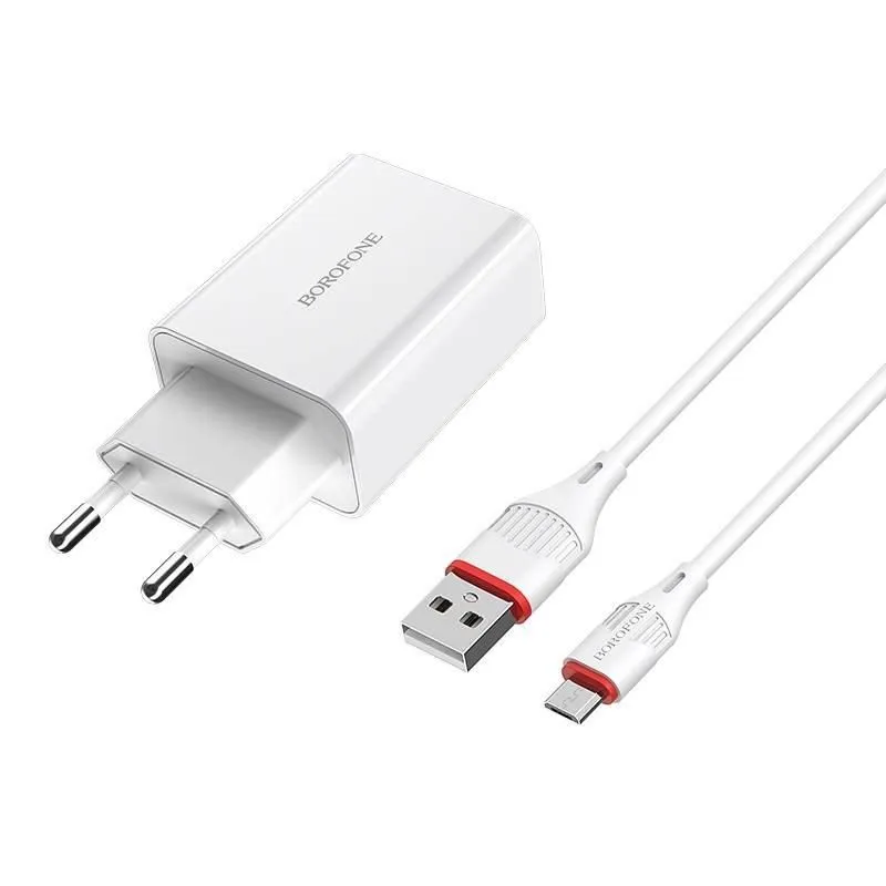 Сетевой адаптер BOROFONE BA20A (1 USB, 2.1A) с кабелем Micro, белый