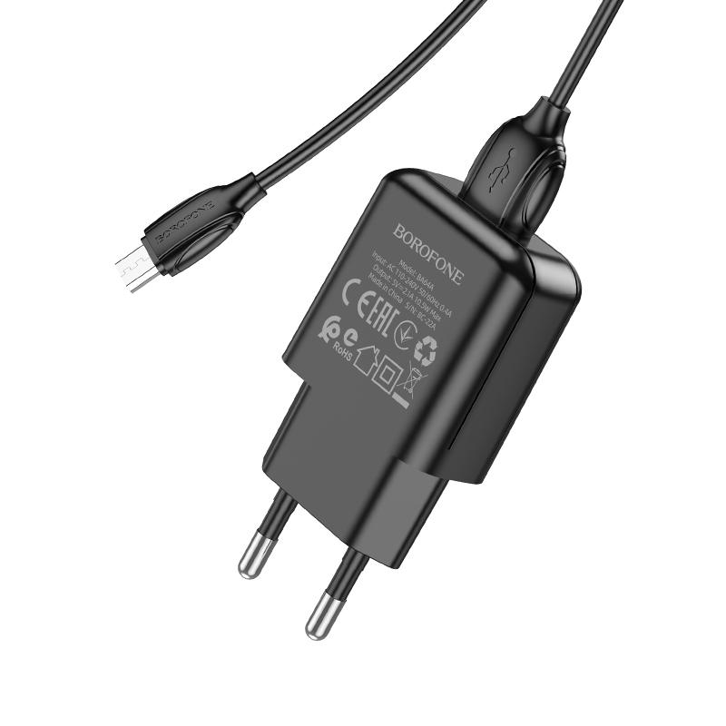 Сетевой адаптер BOROFONE BA64A,  (USB 2.1A) с кабелем Micro, черный