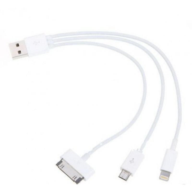USB кабель 3 в 1 Micro/ Lightning/ iPhone 4 (30 pin), 20 см, белый