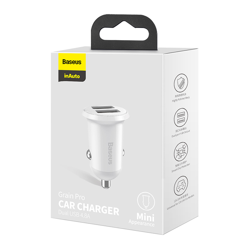 Автомобильный адаптер BASEUS Grain Pro (2 USB, 4.8A), белый