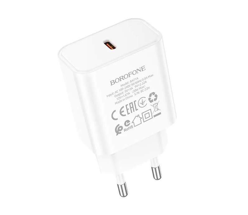 Сетевой адаптер BOROFONE BA71A Single port PD20W, белый