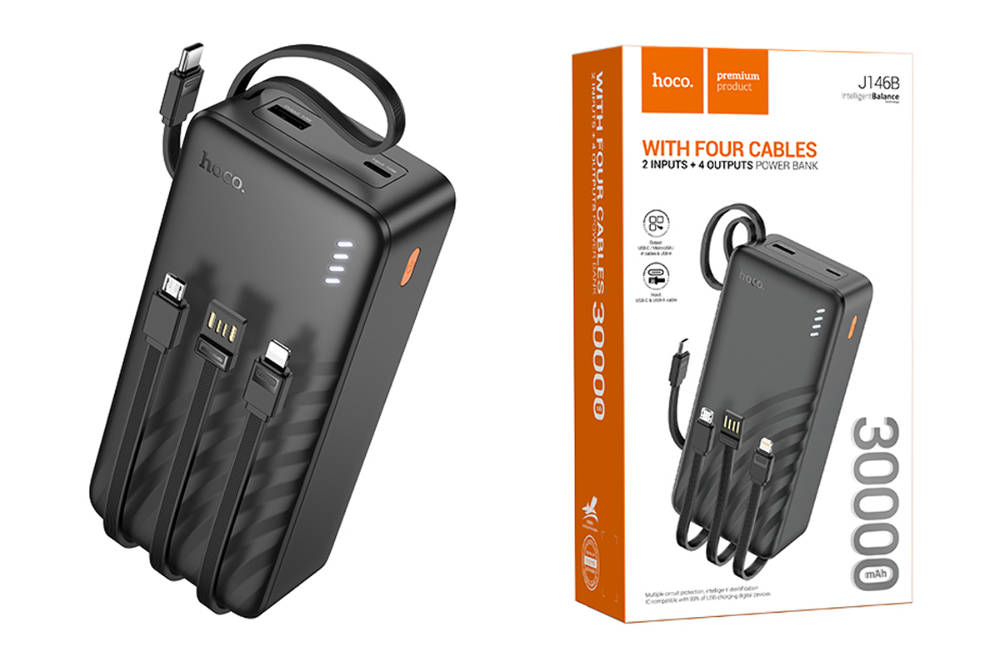 Внешний аккумулятор Power Bank 30000 mAh HOCO J146B, с встроенными кабелями, черный