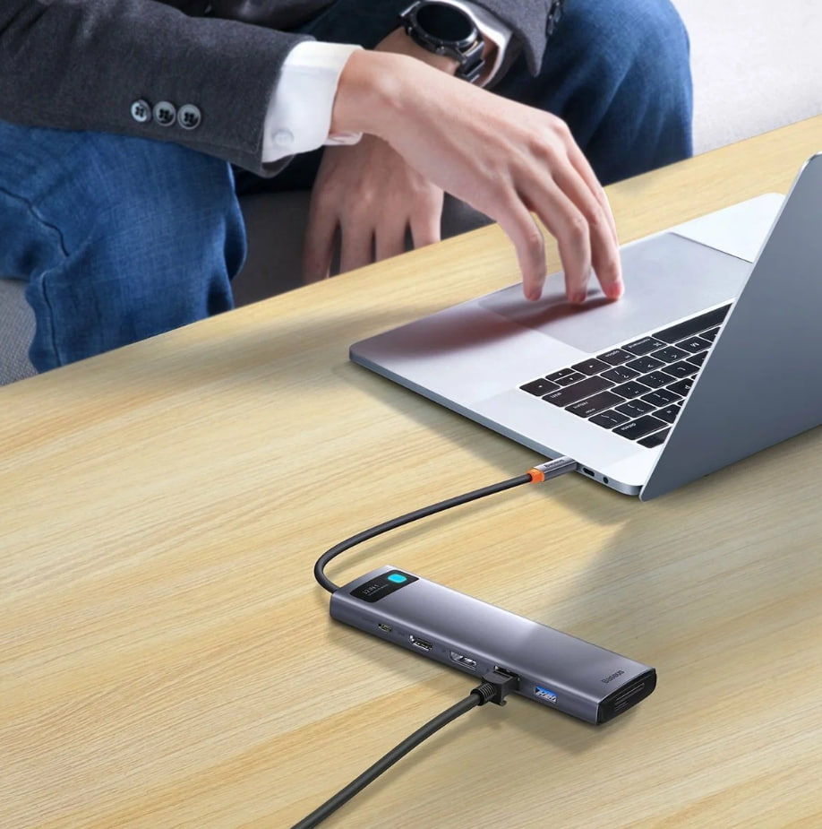 USB-концентратор Baseus Metal Gleam (12-in-1)(Type-C to HDMI+USB 3.0+PD+RJ45+SD/TF+DP+3.5mm) (Серый)