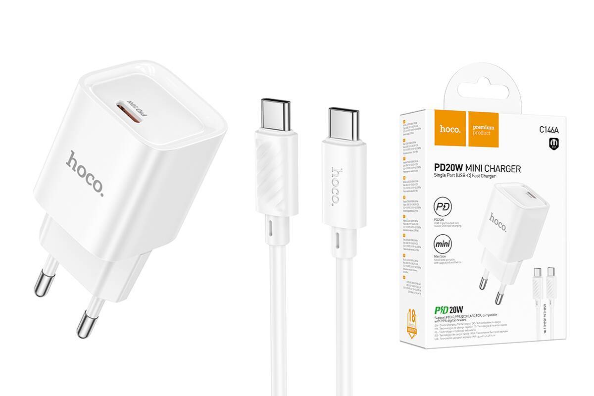 Сетевой адаптер HOCO C146A Charm PD Type-C 20W с кабелем Type-C, белый