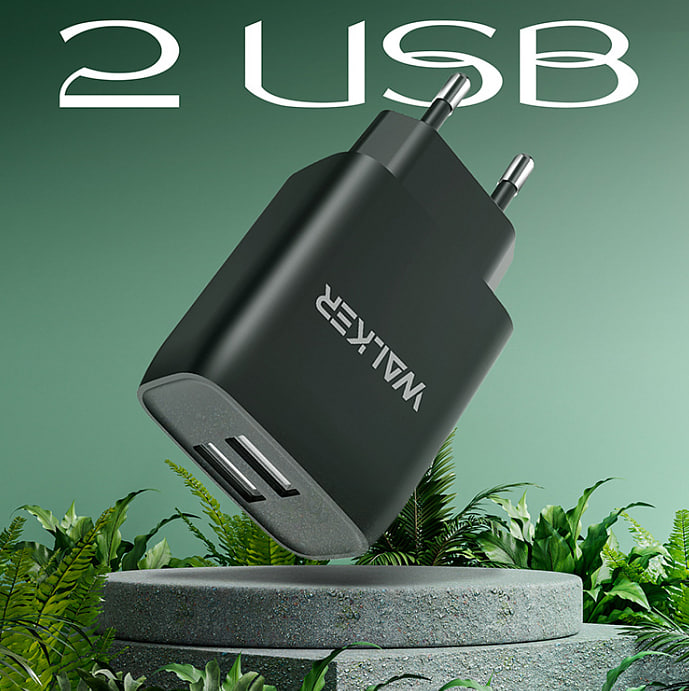 Сетевой адаптер WALKER WH-31, 2.1А, 10,5Вт, USB + 2, черный