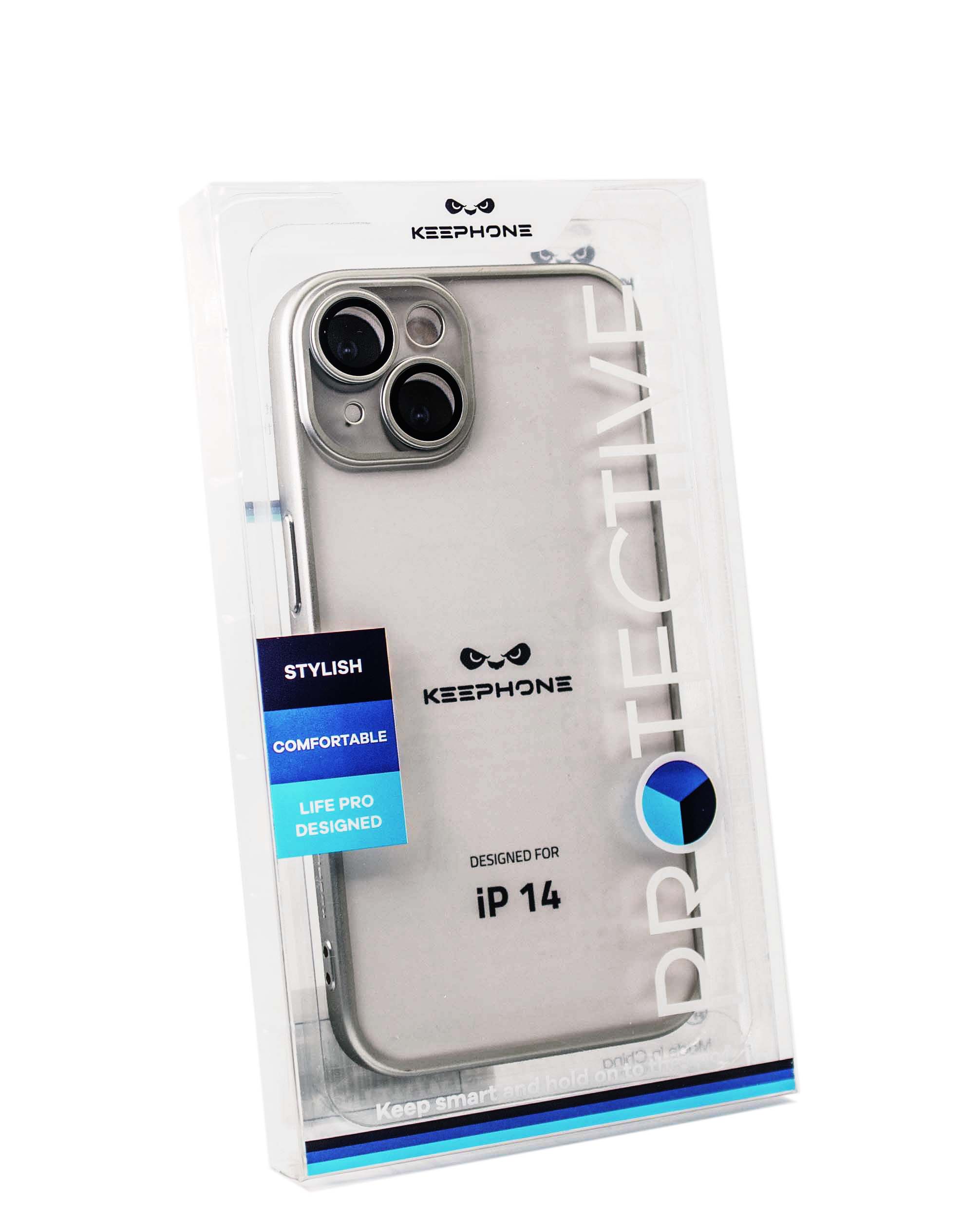 Чехол KeepHone iPhone 14 с защитной линзой, серебро